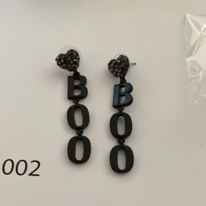 Black heart/crystal “Boo” dangle earrings